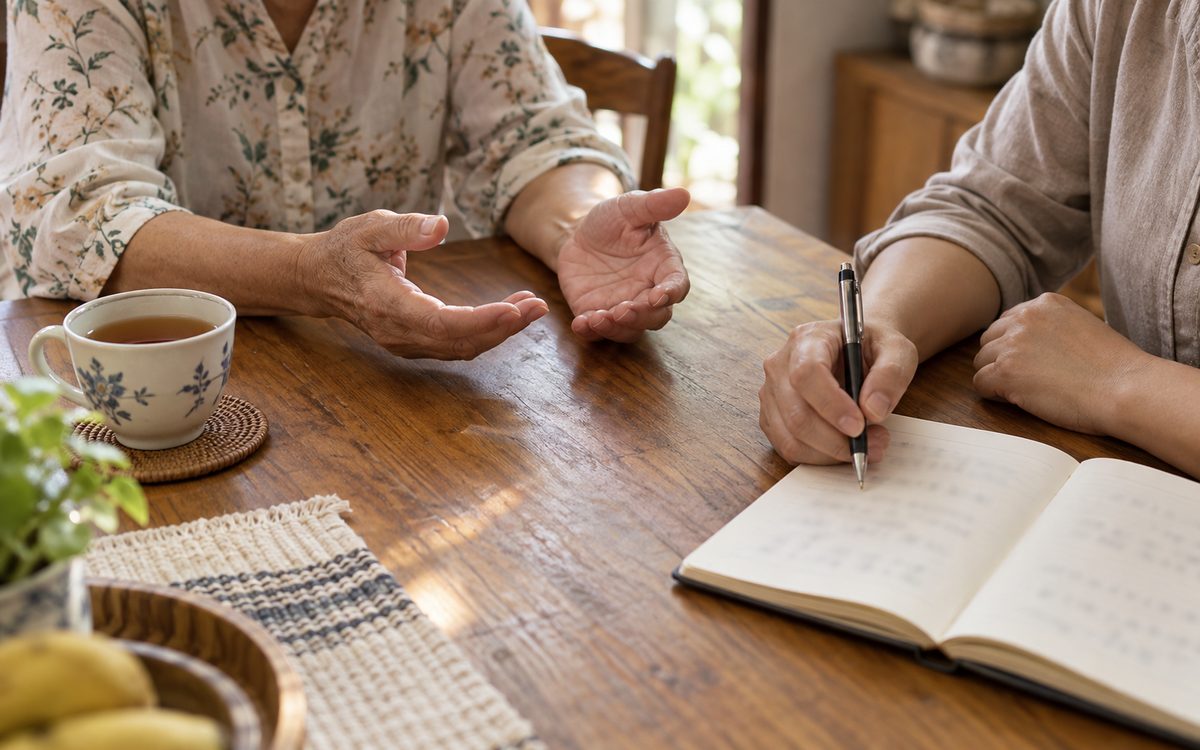 Two people talking across a table, one taking notes
