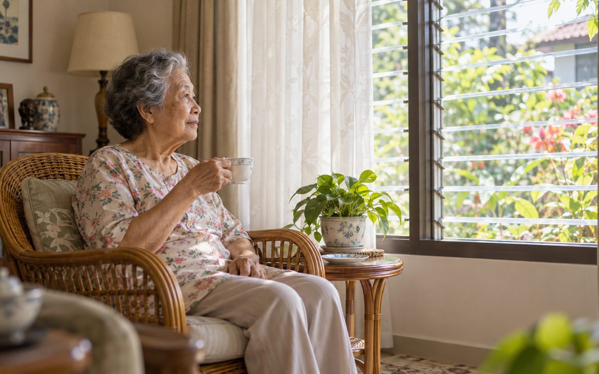 An elderly woman sitting alone by a window with a cup of tea