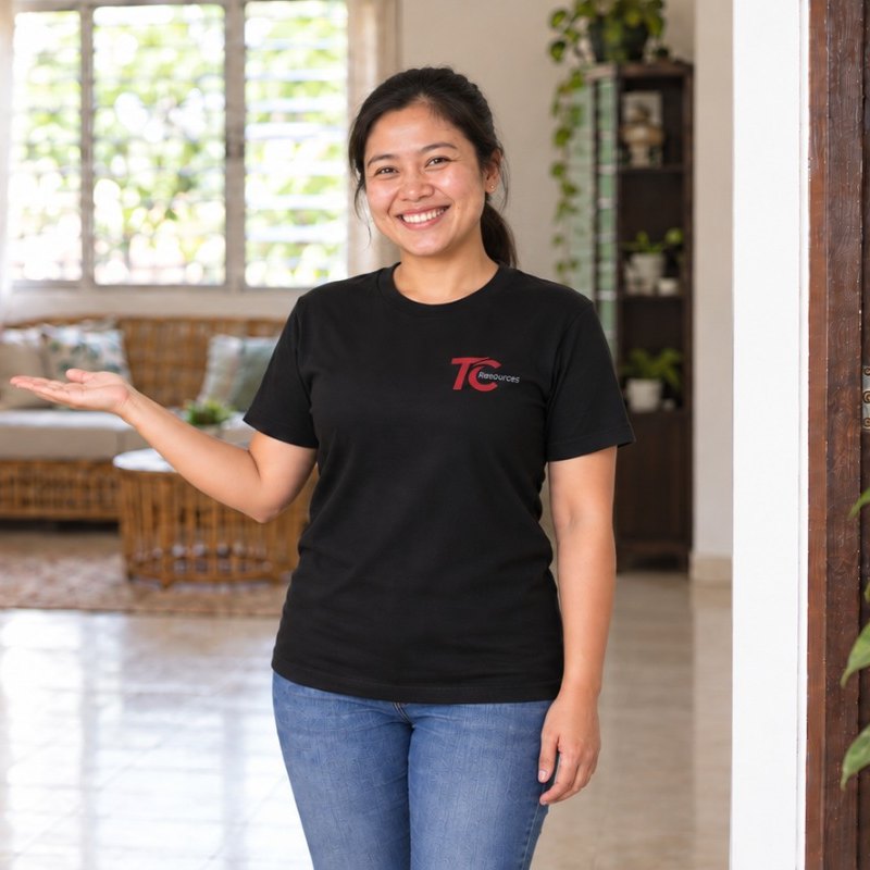 A helper standing in the doorway of a bright Malaysian home