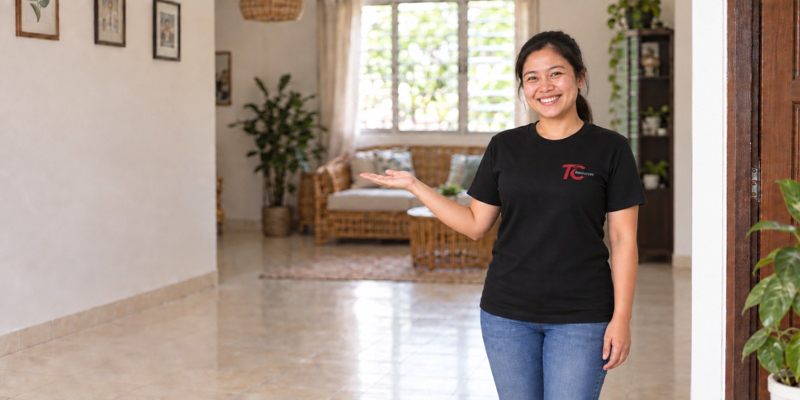 A helper in a TC Resources shirt in the doorway of a bright Malaysian home, holding out an open hand
