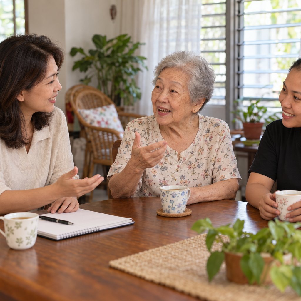 A TC Resources consultant at the kitchen table with an elderly mother and her daughter, months after the helper arrived