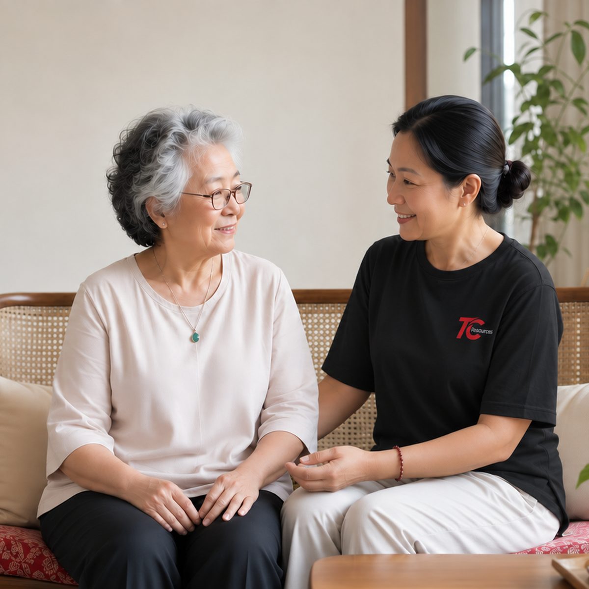 An elderly woman and her helper sitting together on a rattan sofa, talking